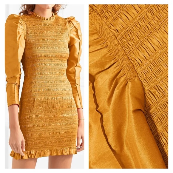 ULLA JOHNSON Aurele dress gold mini silk 4 puff sleeve smocked shirred NWOT - Picture 5 of 15